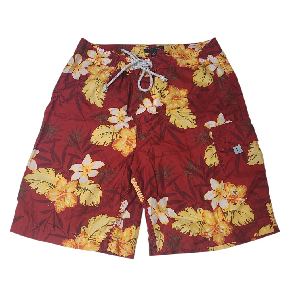 Banana Republic Men 34 Red Floral Tropical Print Swim Shorts Pockets Hawaiian
